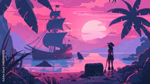 An illustration of a girl pirate with treasure chest, moored boat, jolly roger flag and shovel. Cartoon illustration of a woman captain standing on seashore in a sunset panorama.