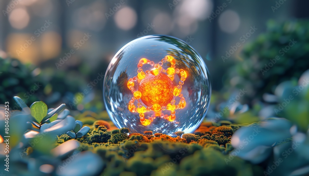 Closeup of a crystal sphere displaying a detailed DNA atom model with a soft focus on the greenery behind it, symbolizing the connection between science and nature Closeup of a crystal sphere displaying a detailed DNA atom model with a soft focus on the greenery behind it, symbolizing the connection between science and nature