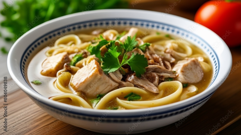 Delicious noodle soup with meat and herbs Delicious noodle soup with meat and herbs