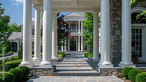 Main entrance door in house. Wooden front door with gabled porch and landing. Exterior of Georgian style home cottage with columns,A white two story traditional house with front porch
 photo