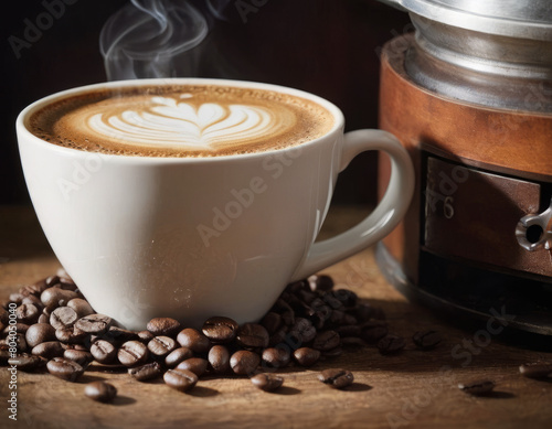 La tazzina di caffè è un rifugio dalla frenesia del mattino, circondata dai suoi fedeli protettori: i chicchi di caffè. photo