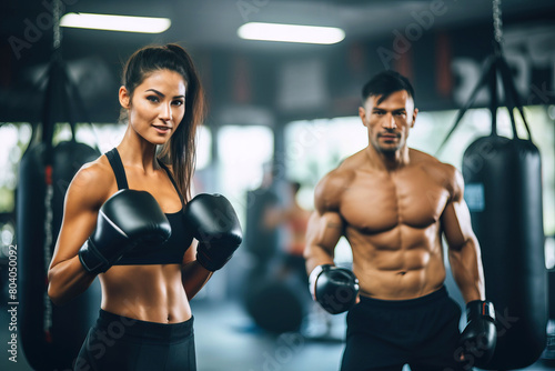 A man and a woman are sparring with boxing gloves in a gym