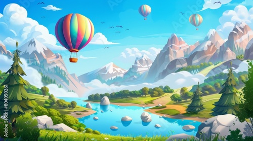 Animated modern illustration of colorful airships with baskets flying over rivers, green meadows, coniferous forest, and white rocks. Modern illustration of summer landscape with flying hot air