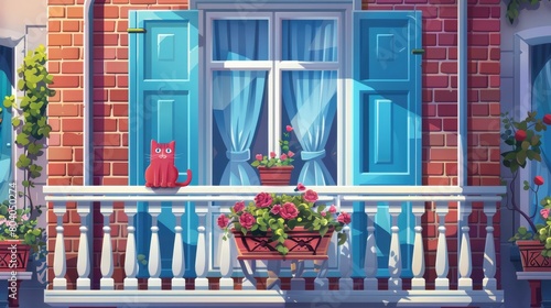 Vintage house facade with a vintage balcony. Modern cartoon illustration of a house front with brick walls, downpipes, windows and curtains, a patio, and a flower pot in a white fence with a red cat. photo