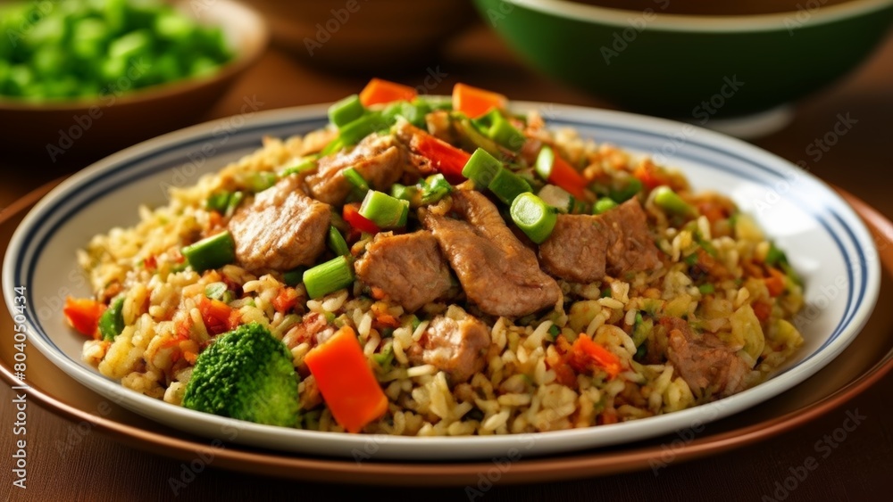 Delicious stirfry with beef rice and colorful veggies Delicious stirfry with beef rice and colorful veggies