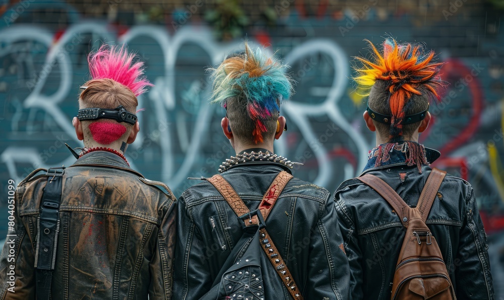 Three British punk rock men with colorful mohawk hair style and leather jackets