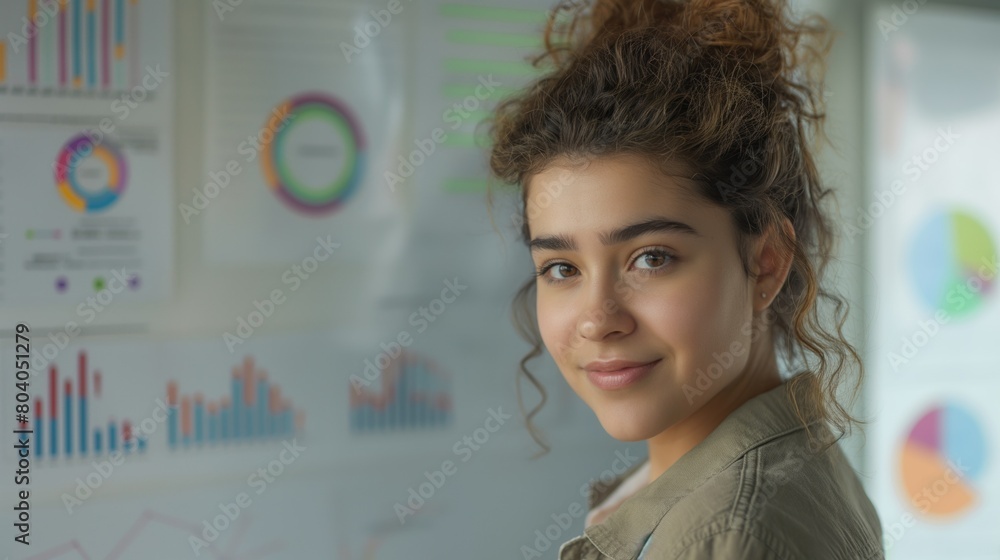 Big data analysis and fintech e-commerce concept with successful woman as executive director presenting growth statistics at conference meeting in the office with graphs and charts Big data analysis and fintech e-commerce concept with successful woman as executive director presenting growth statistics at conference meeting in the office with graphs and charts