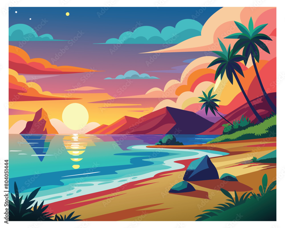 Synthwave neon landscape with palm trees and sunset