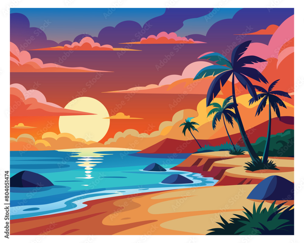 Synthwave neon landscape with palm trees and sunset