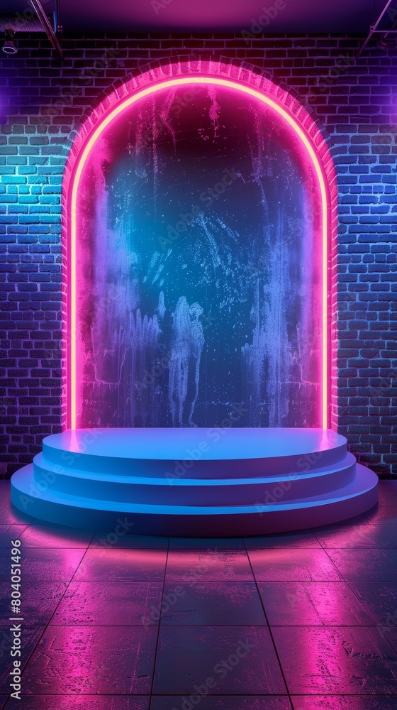 Pink and Blue Plinth with Neon Lights. Pastel colored product stage