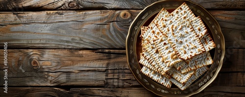 Metal plate with matzah or matza and Passover Haggadah on a vintage wood background presented as a Passover seder feast or meal with copy space. Translation: Passover Haggadah photo