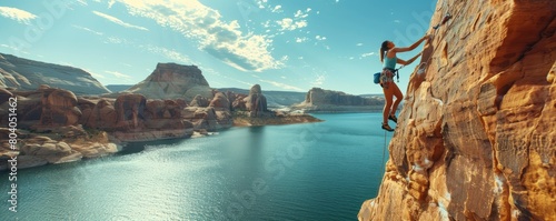 Woman rock climbing up cliff, Lake Powell, Utah, USA photo