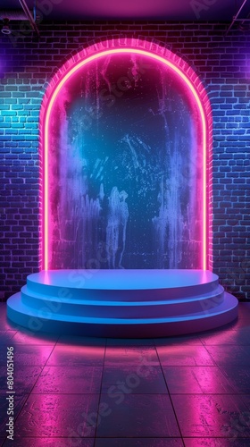 Pink and Blue Plinth with Neon Lights. Pastel colored product stage