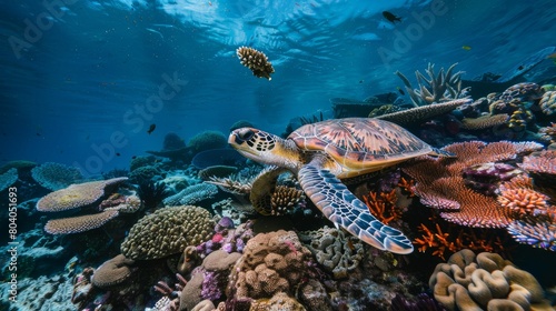 Graceful Sea Turtle Swimming Among Vibrant Coral Reefs © AnimalAI