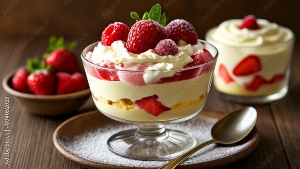 Delicious dessert with strawberries and whipped cream Delicious dessert with strawberries and whipped cream