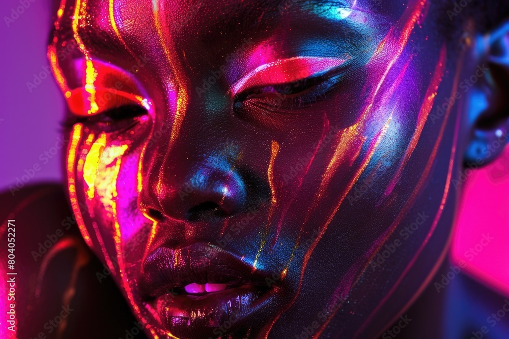 Close up of a woman's face with neon paint, perfect for artistic and beauty concepts
