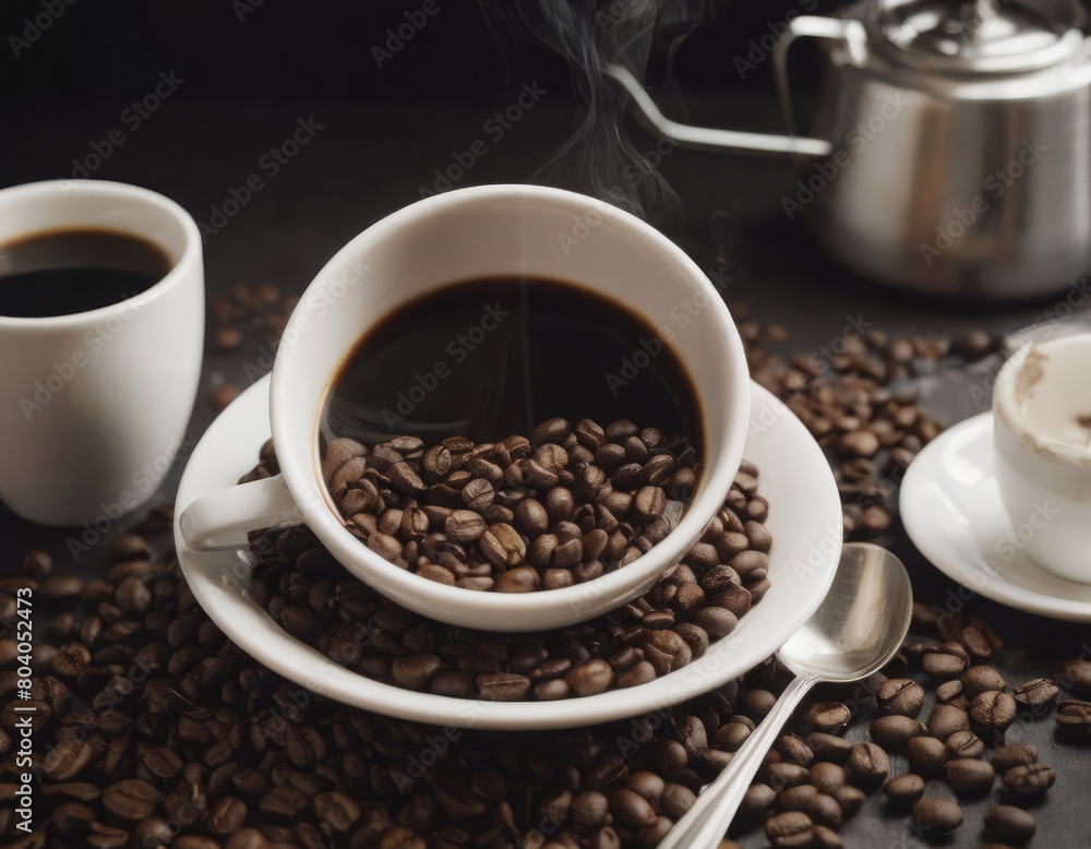 Fototapeta premium La tazzina di caffè è il centro del rituale mattutino, circondata dai suoi devoti seguaci: i chicchi di caffè.