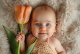 A portrait of a cute baby holding a flower. Mothers day gift