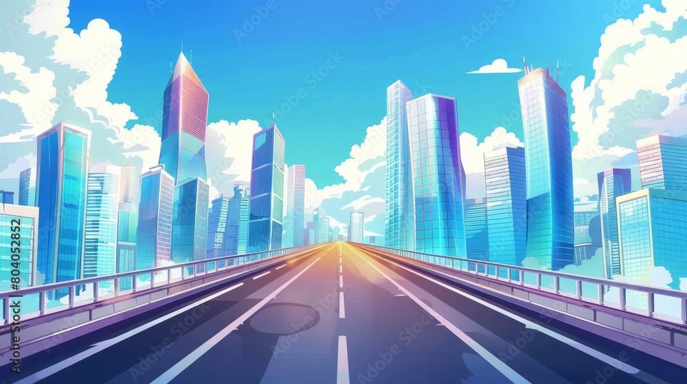 A view of the city skyline from a bridge, a cityscape with a skyscraper building, urban architecture. Towers of houses under a cloudy sky, modern town or downtown district, Cartoon modern A view of the city skyline from a bridge, a cityscape with a skyscraper building, urban architecture. Towers of houses under a cloudy sky, modern town or downtown district, Cartoon modern