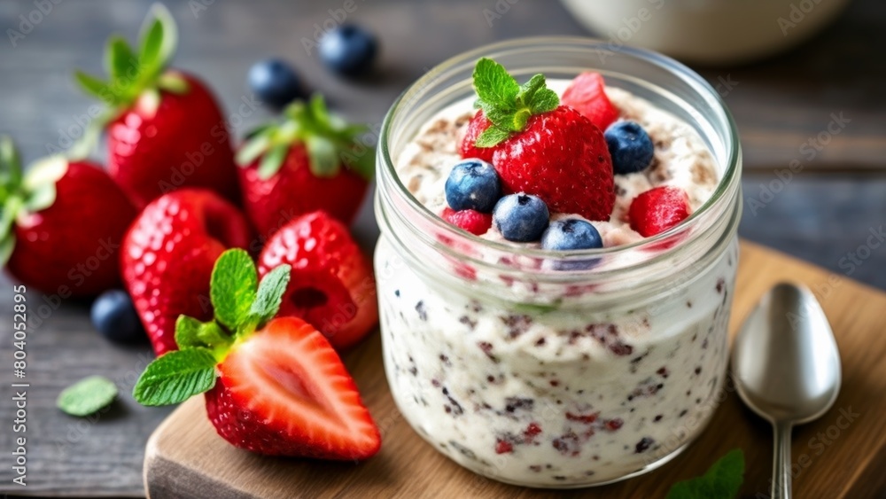 Freshly made yogurt parfait with berries and mint Freshly made yogurt parfait with berries and mint