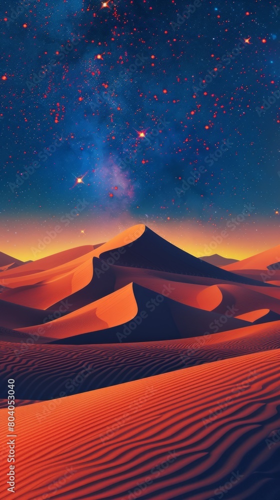 Desert Landscape with Sand Dunes and Blue Gradient Starry Sky. Empty Contemporary Background.