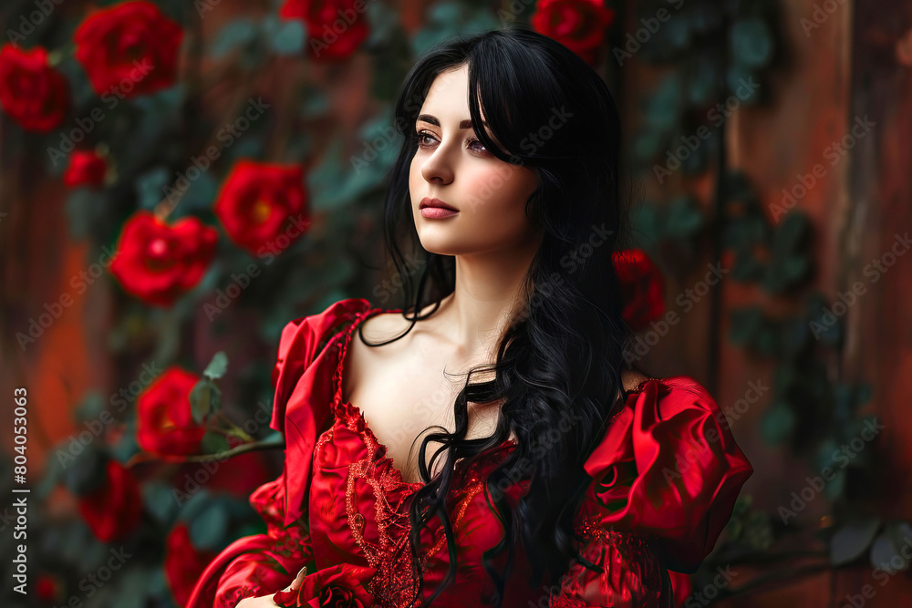 A woman with red lipstick in a red dress is surrounded by red roses A woman with red lipstick in a red dress is surrounded by red roses
