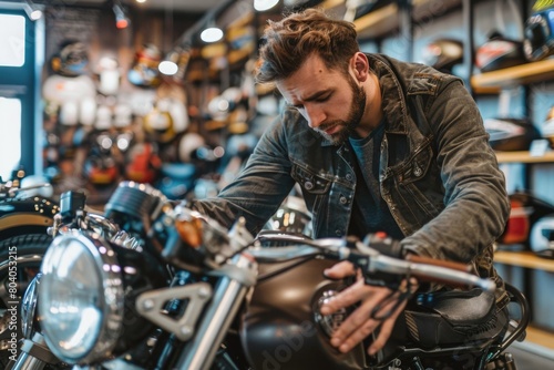 A man working on a motorcycle in a shop. Ideal for automotive repair shop concepts