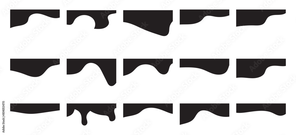 Website border and header set with drops, waves, organic and geometric shapes in black colour. Isolated vector template for website, app, poster, banner. On white background in eps 10.