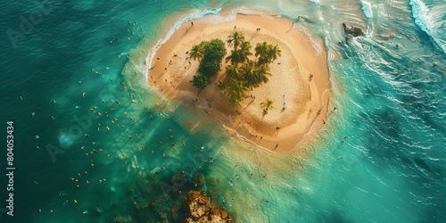Aerial view of people on a tropical desert island