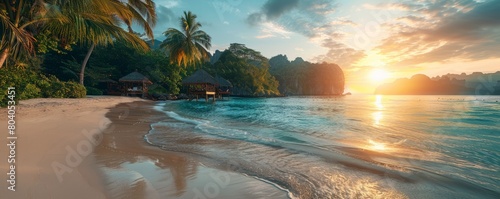 Well-being concept with Marvellous Sunrise Beach in Asia. Tropical get-away Resort.