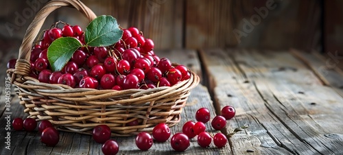 Basket of Fresh Red Berries on Rustic Wooden Table in Autumn photo