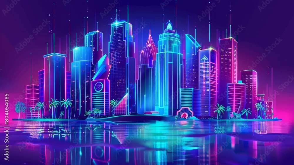 Pixel Art Web Banner for Casino or Gambling Club Games. Dollar rain falling on neon blue futuristic city buildings. Super offer promotion, promocode, invitation Modern mobile app screen.