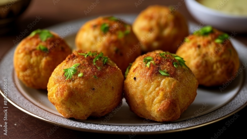 Delicious goldenbrown appetizers with fresh herbs ready to be savored Delicious goldenbrown appetizers with fresh herbs ready to be savored