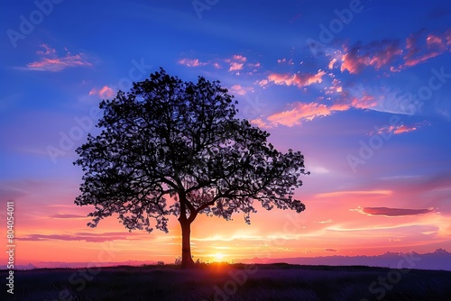 A lone tree silhouetted against a twilight sky.