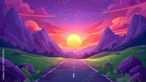 Nature landscape view of an asphalted road going to rocks at sunset behind a purple sky and red clouds. Cartoon modern illustration of gravel road in the mountains.