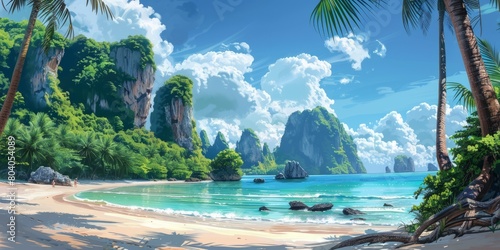 Calm tropical beach with pine trees and karsts photo