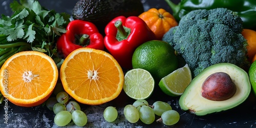 Mixed raw produce with oranges  bell peppers  broccoli  limes  grapes  avocado and cilantro