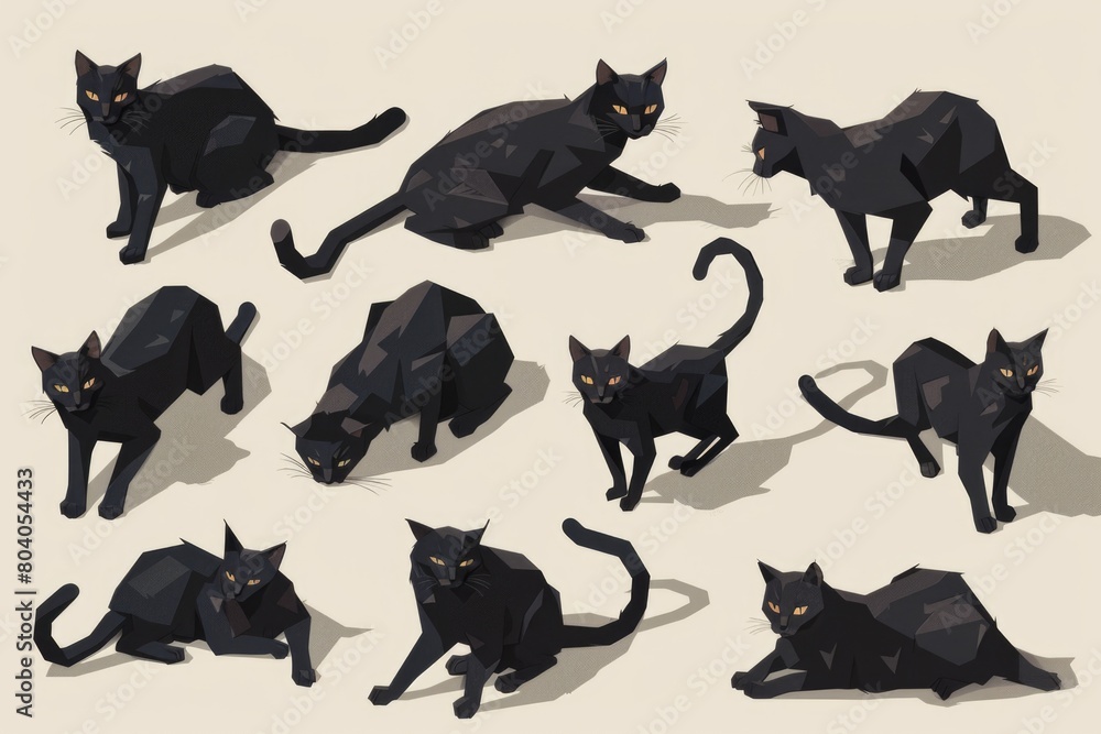 Collection of low polygonal black cat illustrations. Ideal for Halloween designs