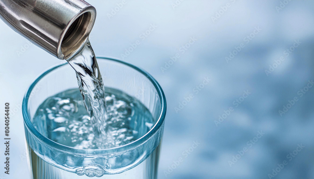 Extreme close-up of fresh water flowing from a tap into a drinking glass, against a blue blurred background with copy space. Generative Ai. Extreme close-up of fresh water flowing from a tap into a drinking glass, against a blue blurred background with copy space. Generative Ai.