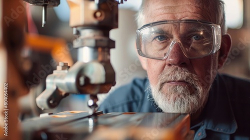 A senior man in his 60s wearing safety goggles, working in a shutter factory, He is using customized machinery for drilling joints into wood, The focus is on his face concentrating on hi photo