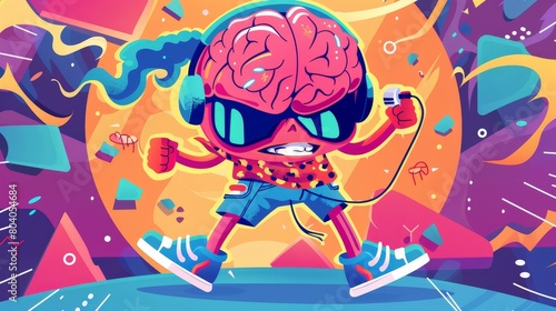 Mind or intelligence development, pericranium intellectual exercises cartoon banner illustration with marrow character wearing bandana, sneakers, and listening to music in headset. photo