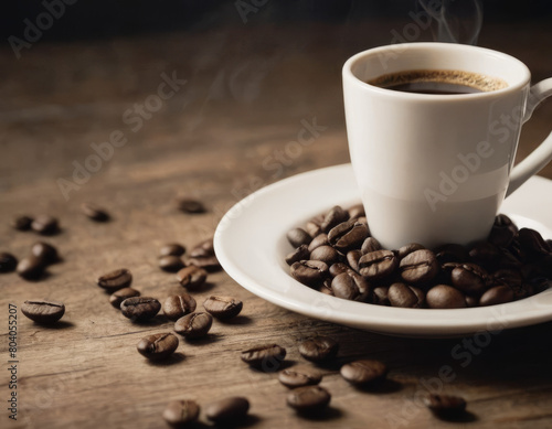 La tazzina di caffè è un'oasi di energia, circondata dai fedeli chicchi che promettono una giornata carica di vitalità. photo
