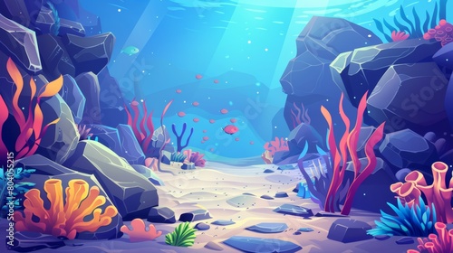 Modern cartoon illustration of sea bottom landscape with corals  seaweed and tropical animals and plants. Underwater scene of coral and seaweed.