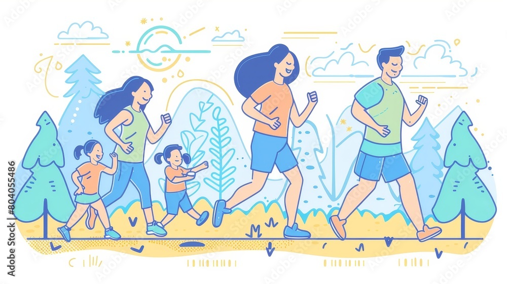 Line art flat modern illustration of a family running a marathon, exercising or competing Father, mother, daughter and son characters living a healthy lifestyle, outdoor activity.