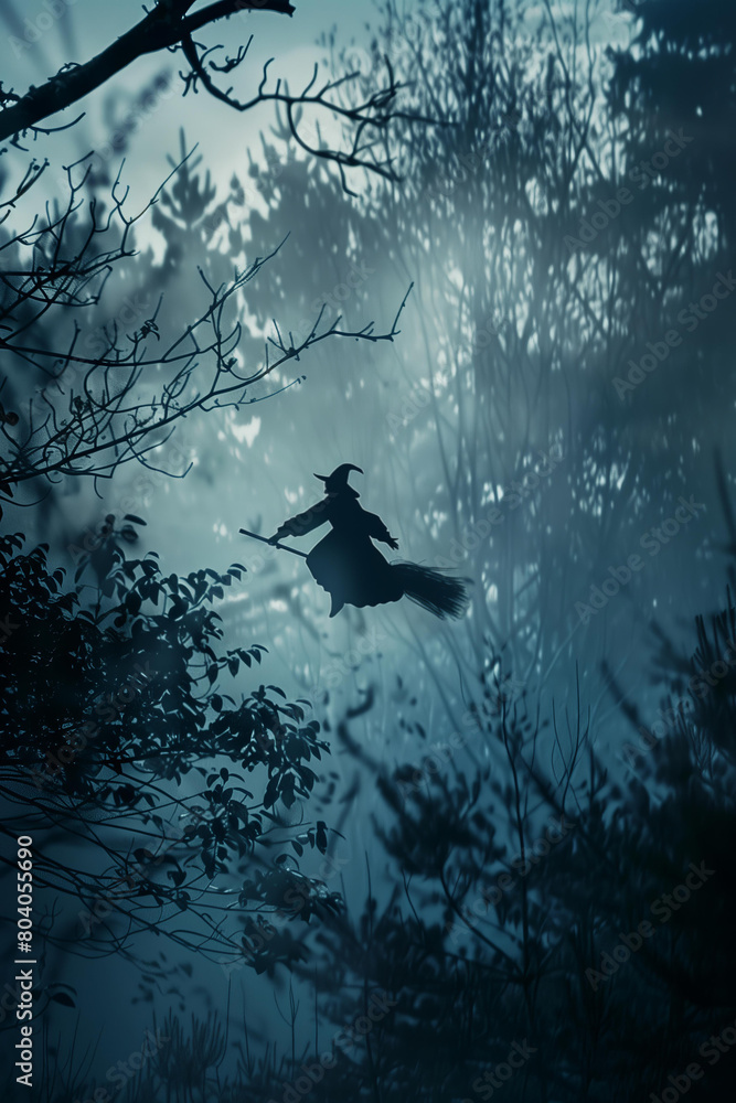Fototapeta premium silhouette of a witch in a hat flying on a broom in a dark scary forest, halloween concept