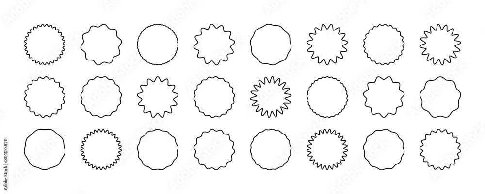Zig zag Wavy Edge Line Circle Shapes Set. Vector Outline Jagged Geometric Round Forms. Wiggly Frame for Template, Stickers, Stamp, Promo Design, Web Design and Social Media Zig zag Wavy Edge Line Circle Shapes Set. Vector Outline Jagged Geometric Round Forms. Wiggly Frame for Template, Stickers, Stamp, Promo Design, Web Design and Social Media