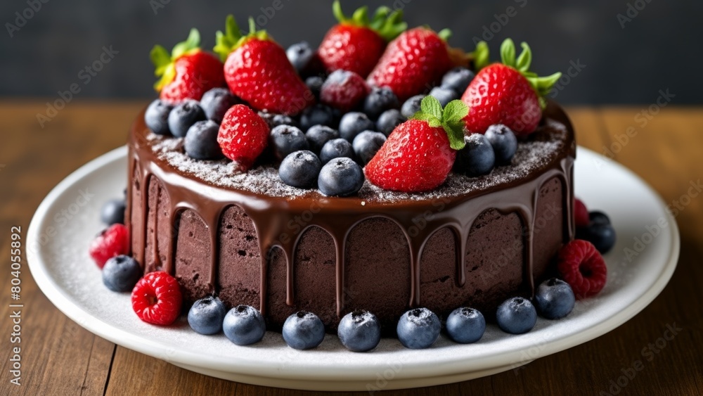 Deliciously decadent chocolate cake adorned with fresh berries and a dusting of powdered sugar Deliciously decadent chocolate cake adorned with fresh berries and a dusting of powdered sugar