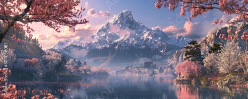 A beautiful view of a mountain with cherry blossoms in the foreground. This picture can be used to depict the serene beauty of nature and the arrival of spring. photo
