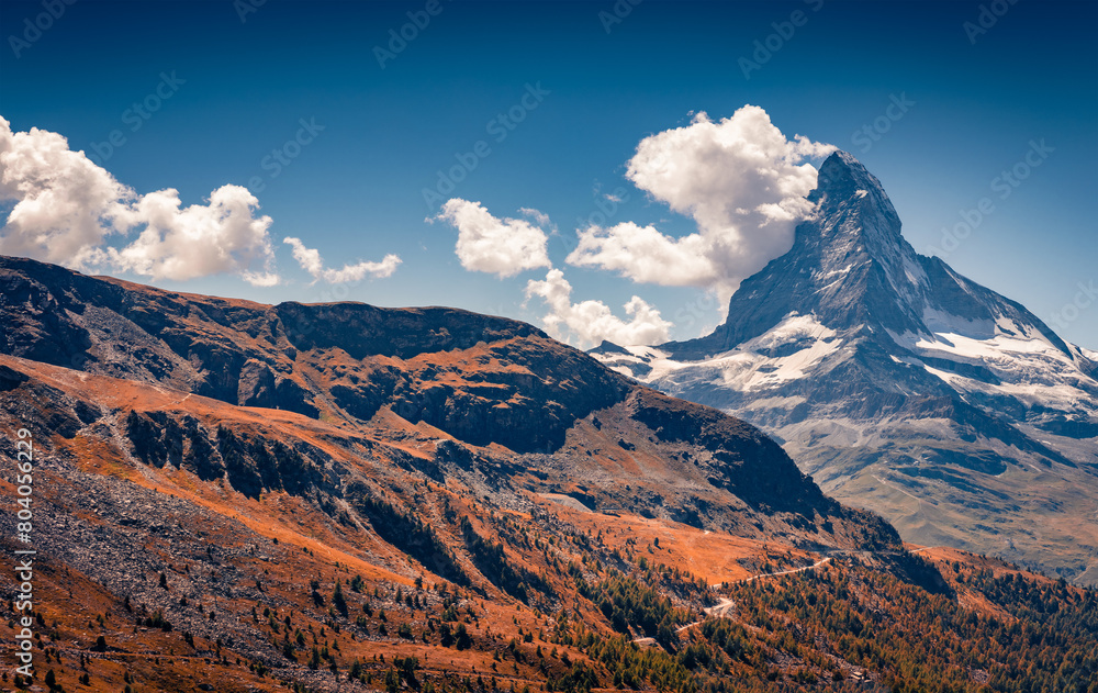 Gorgeous autumn view of Matterhorn peak. Spectacular morning scene of Swiss Alps, Zermatt location, Valais canton, Switzerland, Europe. Travel the world..