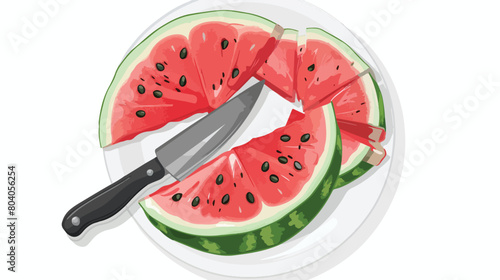 Plate with slices of watermelon and knife on white background